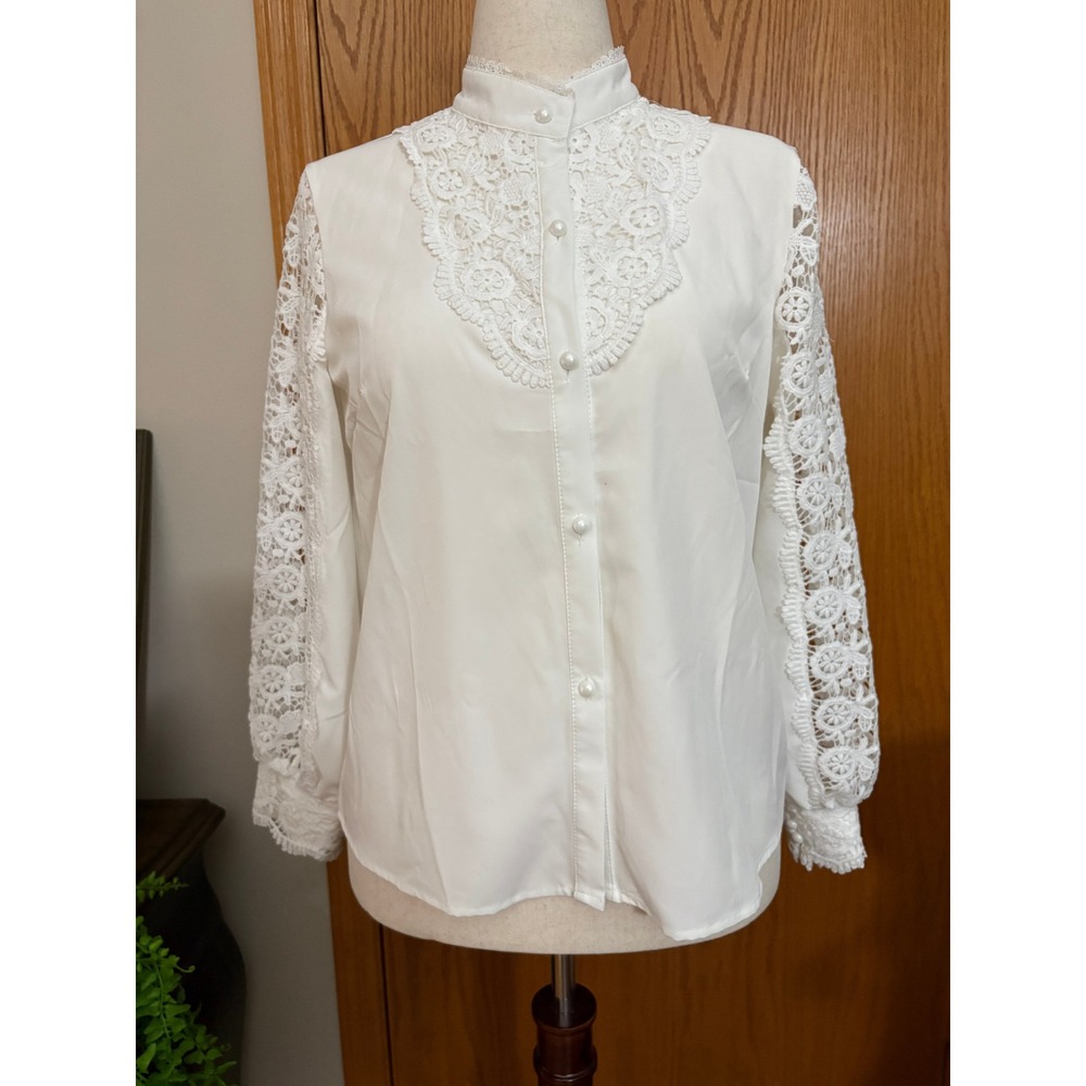 White Lace Sleeve Button Up Blouse High Neck Pearl Button Crochet Bib Top Med